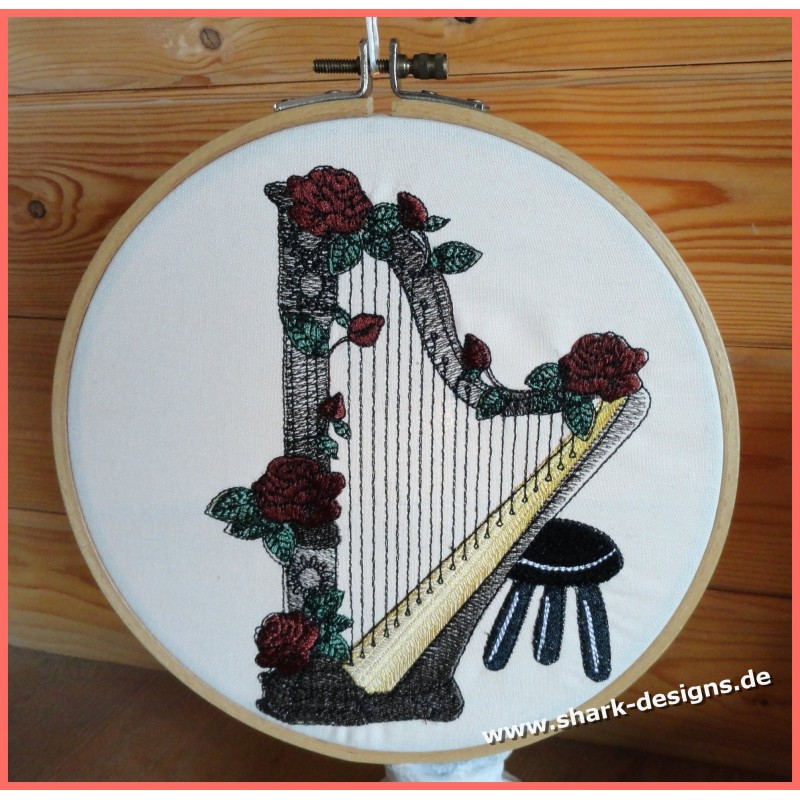 Stickdatei Harfe in 9 Größen, Musik, Harfe, Klavier, Geige, vintage